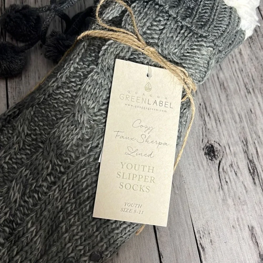 Green Label Girl's Cozy Faux Sherpa Lined Youth Slipper Socks Black Size 5-11 NW